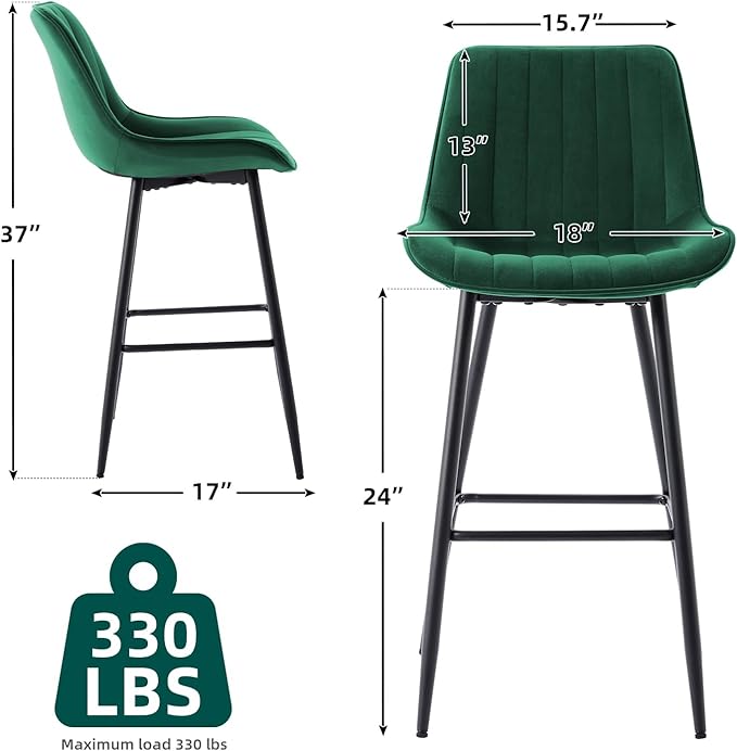 24" Bar Stools Set of 2, Counter Height Bar Chairs with Back, Modern Velvet Upholstered Barstools, Kitchen Island Stools for Bar, Kitchen Counter, Top Height 35"-38", Green