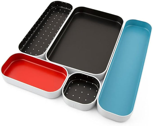 Three by Three Seattle 5 Piece Metal Organizer Tray Set for Storing Makeup, Stationery, Utensils, and More in Office Desk, Kitchen and Bathroom Drawers (1 Inch, Blue Black Red and Dots)