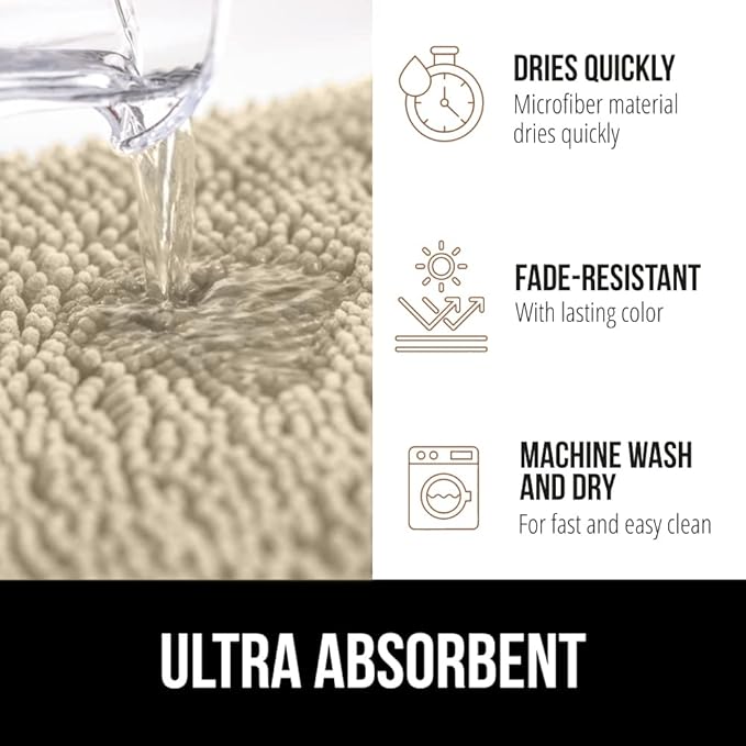 GORILLA GRIP Bath Rug Mat 44x26, Thick Soft Absorbent Chenille, Quick Dry Microfiber Mats, Rubber Backing Washable Shower Floor Rugs, Bathmat Runner, US Designed Bathroom Home Decor Accessories Sand