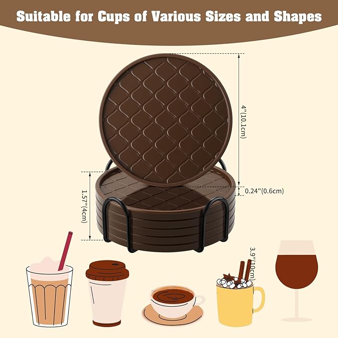 Coasters Set of 6,Hot or Cold Drink Coasters with Holder,Modern Style Coffee Table Coaster,Suitable for Kinds Cups Beer,Drink,Anti-Overflow Tabletop Protection(Coffee, 6pcs)
