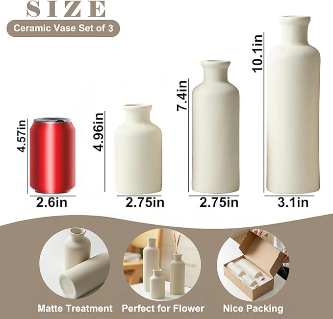 10 Inch Modern Ceramic Vase Set of 3, Beige Colors, Decorative Bottles for Home, Farmhouse Rustic Decor (Beige)