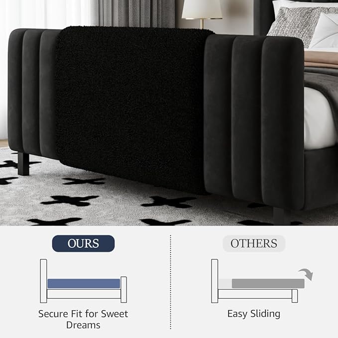 King Size Bed Frame with Tall Headboard and Footboard, Boucle and Velvet Upholstered Bed Frame King with LED Lights, Modern Platform Bed Frames, Noiseless, Easy Assembly, Black