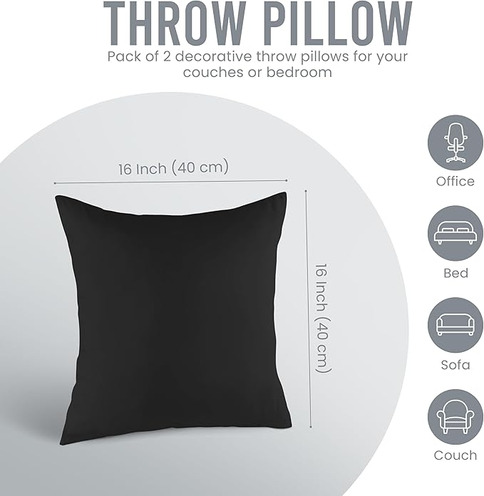 Utopia Bedding Throw Pillows Insert (Pack of 2, Black) - 16 x 16 Inches Bed and Couch Pillows - Indoor Decorative Pillow