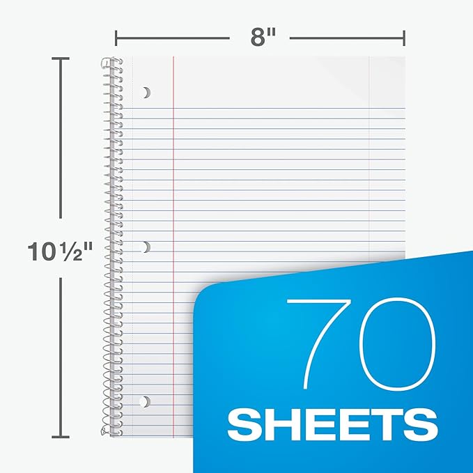 Oxford Spiral Notebooks, 12 Count Bulk Pack, 1 Subject, College Ruled Notebooks for School, 8 x 10.5 Inches, 70 Sheets, Assorted Colors, Back to School Supplies (65205)