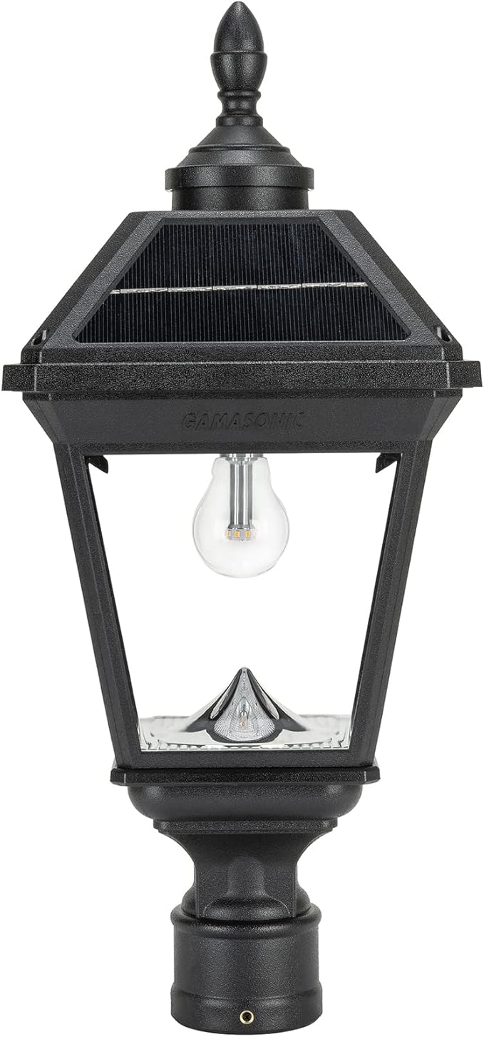 Gama Sonic Imperial II Bulb Solar Post Light, Black UV Protected Resin and Clear Lens, Outdoor Single Lamp with 3" Fitter for Lamp Posts or Pier Base and Warm White 2700K Light