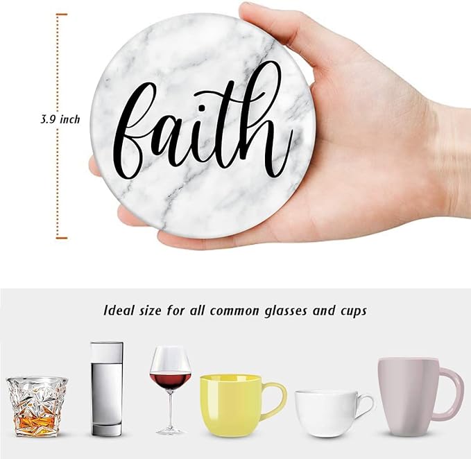 Britimes Coaster for Drinks Set of 6, White Marble Inspirational Love Absorbent Round Ceramic Stone Mat, with Cork Base and Metal Holder, Gift for Housewarming Room Bar Decor