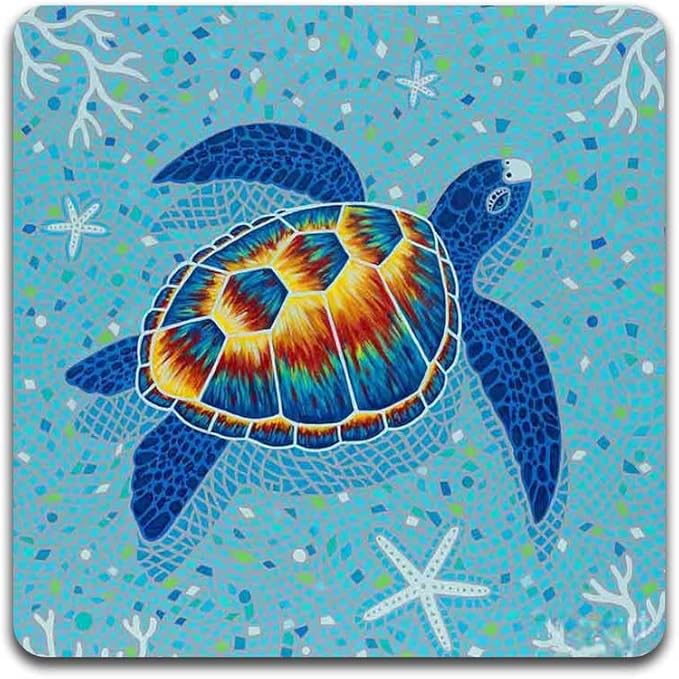 Watercolor Sea Turtle Square Coaster Set - Made of Recycled Rubber - Set of 4
