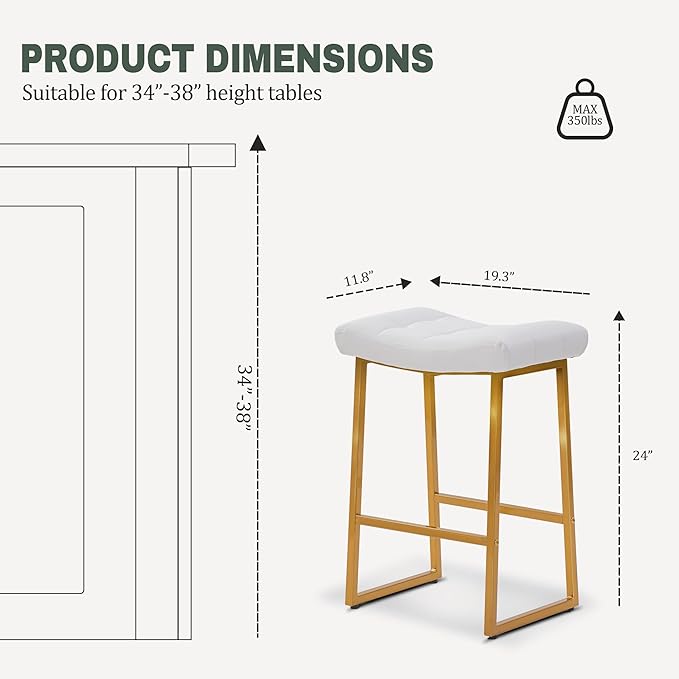White & Gold Counter Height Bar Stools Set of 3 for Kitchen Counter Modern Backless Barstools with Upholstered Faux Leather Seat and Metal Frame Industrial 24 inch Bar Chairs