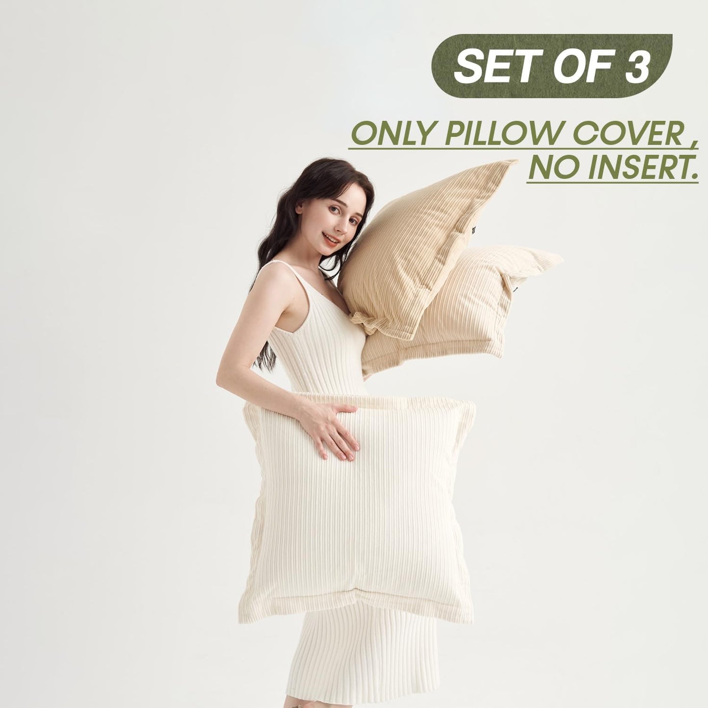 Set of 3 Decorative Vintage Throw Pillow Covers 20x20inch, Soft Striped Textured Corduroy Square Cushion Pillowcases for Modern Bedroom Living Room Farmhouse Decor(Camel, Beige & White)