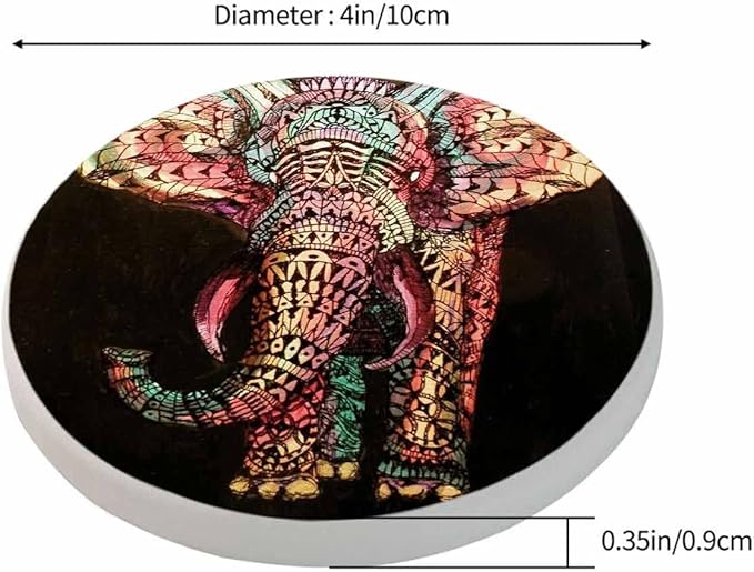 Tribal Elephant Table Coasters for Drinks Vintage Boho Colourful African Animal Isolate Portrait 100% Diatomite Home and Dining Room Bar Decor 4 X 4 X 0.35 Inch for Men Women