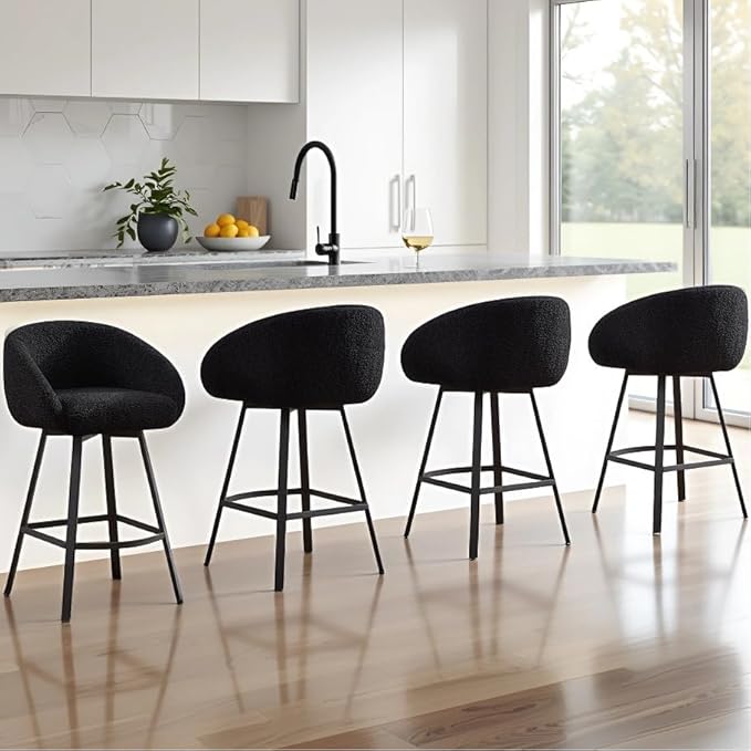 Zesthouse Swivel Counter Height Stools Set of 4, Modern Barrel Bar Stools for Kitchen Island, 26'' Black Sherpa Kitchen Counter Height Chairs with Barrel Arms & Back, Upholstered Fabric Bar Chairs