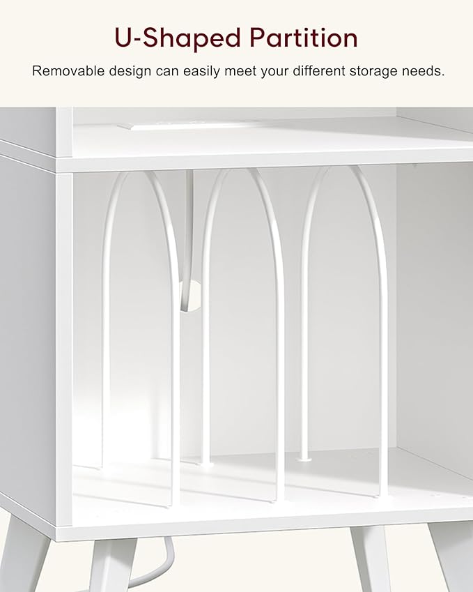 Record Player Stand, 3-Tier Side End Table with Charging Station, Turntable Stand Up to 160 Albums, Vinyl Storage Cabinet Dispaly Shelf for Living Room, Classic White