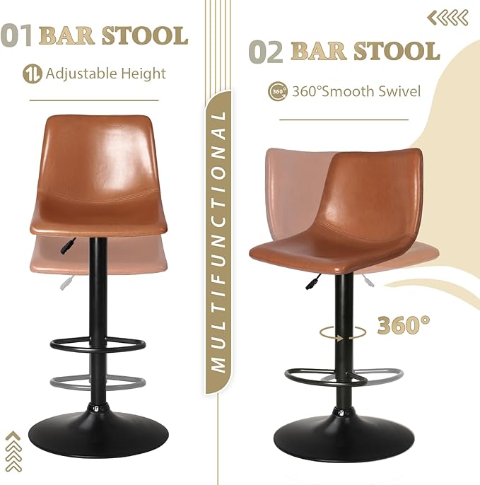 LEMBERI Bar Stools Set of 2 Modern Swivel Barstools Counter Height with Backrest, Faux Leather Upholstered Bar Chairs for Kitchen Island, Brown