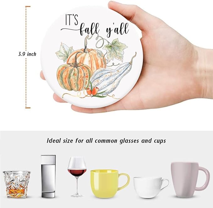 Fall Drink Absorbent Coasters with Holder Set of 6, Ceramic Stone with Cork Base, Autumn Watercolor Orange Pumpkin Pattern Coaster for Drinks, Gift for Housewarming Room Bar Home Decor Kitchen