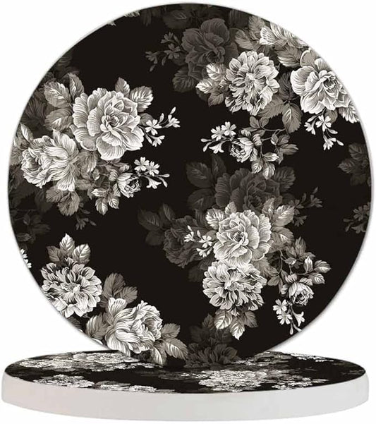 Watercolor Black Flowers Cup Coasters Set of 2 Elegance Botanical Flower Pattern Grey Rose Bouquet Wooden Table Apartment Decor 100% Diatomite for Drinking Glasses,4 Inches