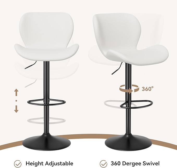 Nalupatio Swivel Bar Stools Set of 2,PU Leather Upholstered Barstools with Back & Footrest, Seat Adjustable Height 22.2-31IN Counter Height Bar Chairs for Bar Kitchen Island,White
