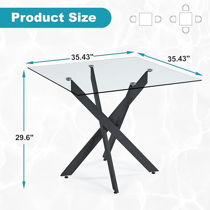 Dining Table for 4 Modern 35.43" Rectangular Glass Dining Table Kitchen & Dining Room Tables with Metal Base for Dining Room and Apartment, Black