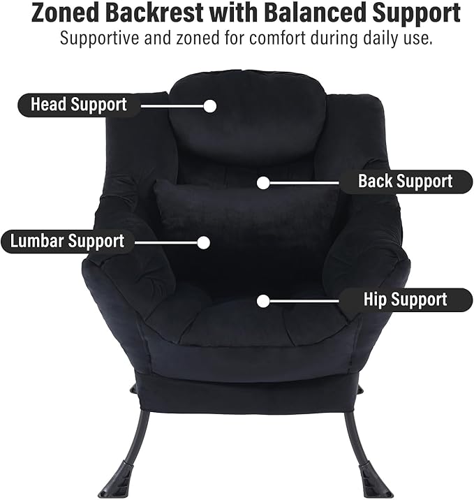 Lazy Chair with Ottoman, Modern Accent Chair with Lumbar Pillow, Comfy Chairs with Folding Footrest for Bedroom, Reading, Oversized Supportive Lounge Chairs(Velvet Black)