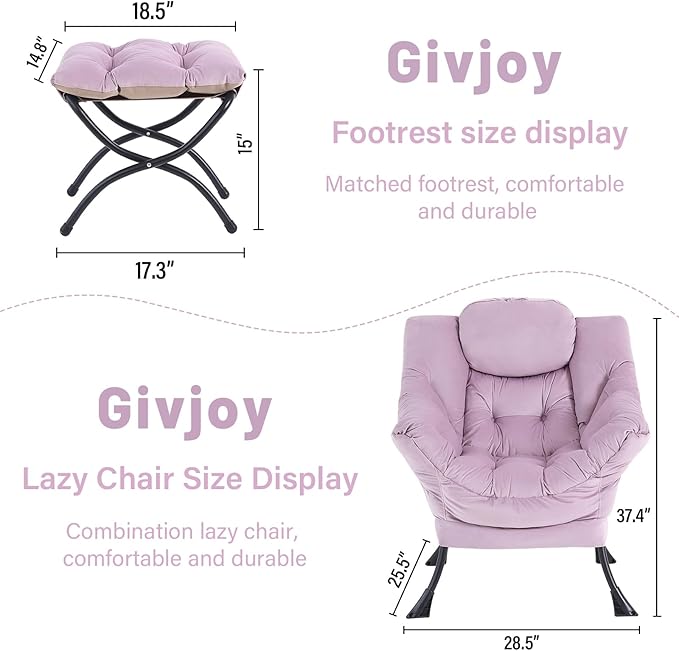 Lazy Chair and Ottoman, Large Accent Lounge Chair with Armrests and a Side Pocket, Modern Leisure Upholstered Sofa Reading Armchair with Footrest for Bedroom, Living Room, Dorm Rooms, Office