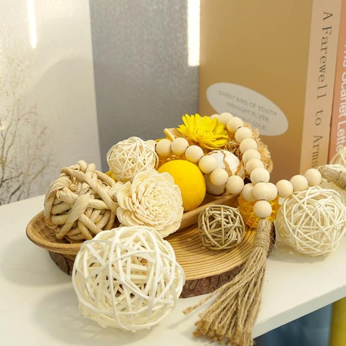 Qingbei Rina Yellow Decorative Balls for Bowls,Assorted Vase Filler for Centerpieces,Wicker Rattan Balls Decorative Orbs Woven Spheres,Summer Bowl Fillers for Home Decor,Wedding(Lemon)