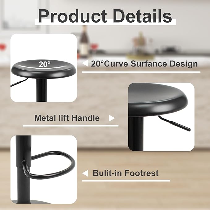 Bar Stools - 2 Pack, Adjustable Swivel Height Counter Bar Stool, Modern Metal Barstools, Backless Barstool for Bar, Kitchen Island, Pub, Black