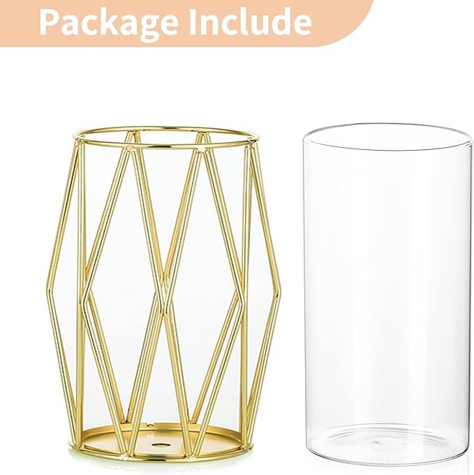 Nuptio Candle Holders for Pillar Candles - Geometric Candleholders Gold Flower Vase with Hurricane Cylinder Glass Dual Uses for Wedding Birthday Party Table Living Room Centerpieces