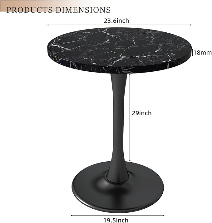 Black Round Table Modern Dining Table Marble Texture Tulip Round Kitchen Table Mid Century Coffee Table for Living Room, 24 inch