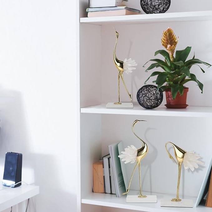 suruim Elegant Gold Crane Bird Statues with Crystal Tail Accents, Decorative Brass Figurines for Home Decor (White B)