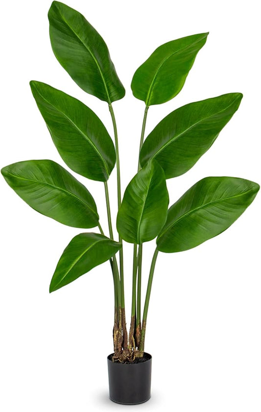 Hollyone Large Bird of Paradise Artificial Plant in Pot 4FT Tall Fake Bird of Paradise Plant Faux Tropical Palm Tree Faux Plantain Banana Leaf for Indoor Outdoor Home Office Garden Decoration 8 Leaves