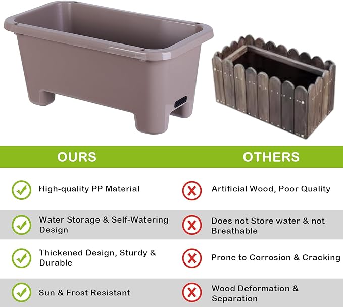 Self-Watering Rectangle Planter Boxes 8-Pack, 15.7-Inch Window Box Planter with Drainage Holes & Trays, Pots for Vegetables, Herbs, Flowers, Garden Windowsill Balcony (Coffee, 15.7*8.3*7.1 inch)