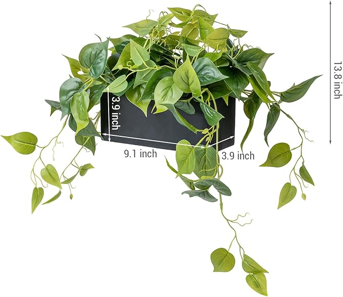 MyGift Vibrant Lifelike Artificial Plant Pothos Leafy Vine Greenery in Black Concrete Rectangular Planter Box