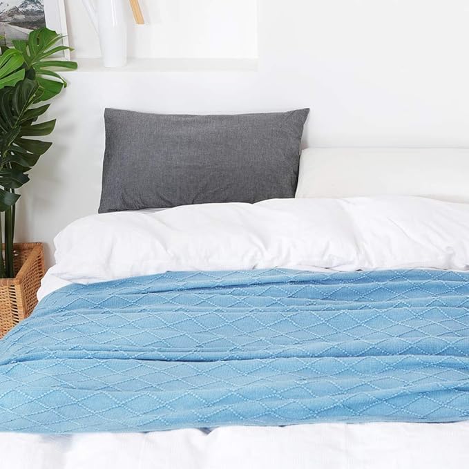BOURINA Blue Throw Blanket 60x80 Inches Throw Textured Solid Soft Sofa Throw Couch Knitted Decorative Blanket