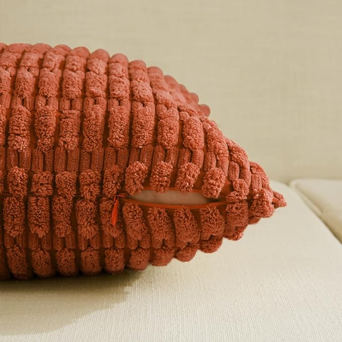 Fancy Homi Set of 4 Burnt Orange Fall Decorative Throw Pillow Covers 18x18 Inch for Couch Bed Chair, Modern Farmhouse Boho Room Decor, Soft Fuzzy Corduroy Textured Striped Cushion Case 45cm