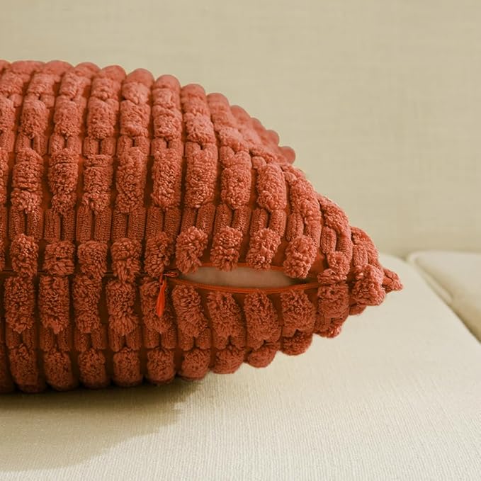 Fancy Homi Set of 4 Burnt Orange Fall Decorative Throw Pillow Covers 20x20 Inch for Couch Bed Chair, Modern Farmhouse Boho Room Decor, Soft Fuzzy Corduroy Textured Striped Cushion Case 50cm