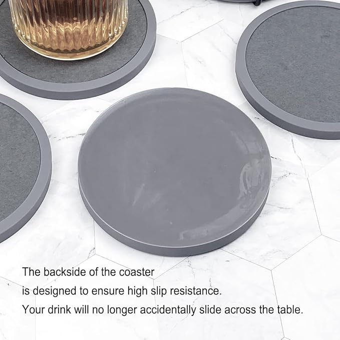 Absorbent Coasters for Drinks with Holder - 6packs, Silicone Coaster with Soft Felt Insert (4.3 inch Coasters with 4.5 inch Holder, Grey)
