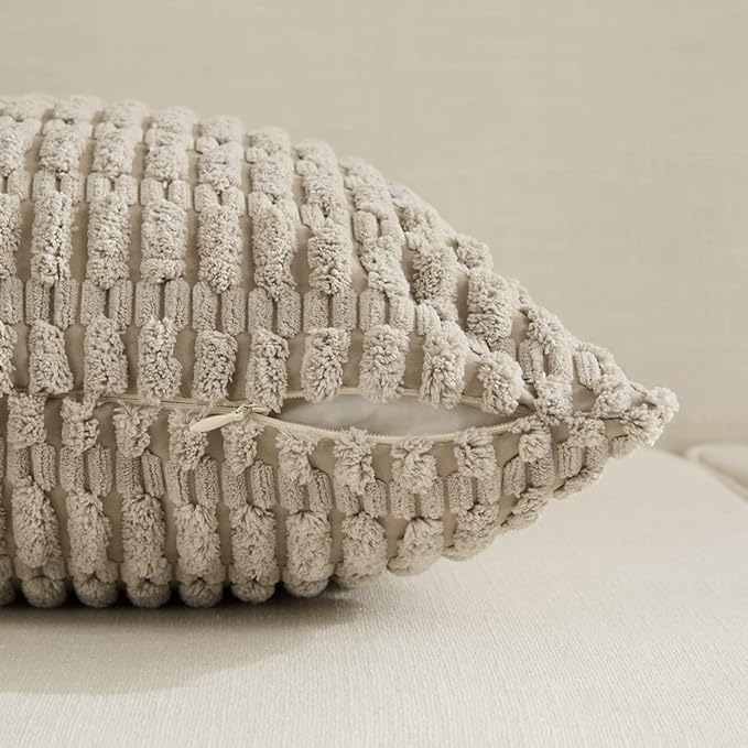 Fancy Homi Set of 4 Grey and White Decorative Throw Pillow Covers 18x18 Inch for Couch Bed Chair, Modern Farmhouse Boho Room Decor, Soft Fuzzy Double Sided Corduroy Textured Striped Cushion Case 45cm