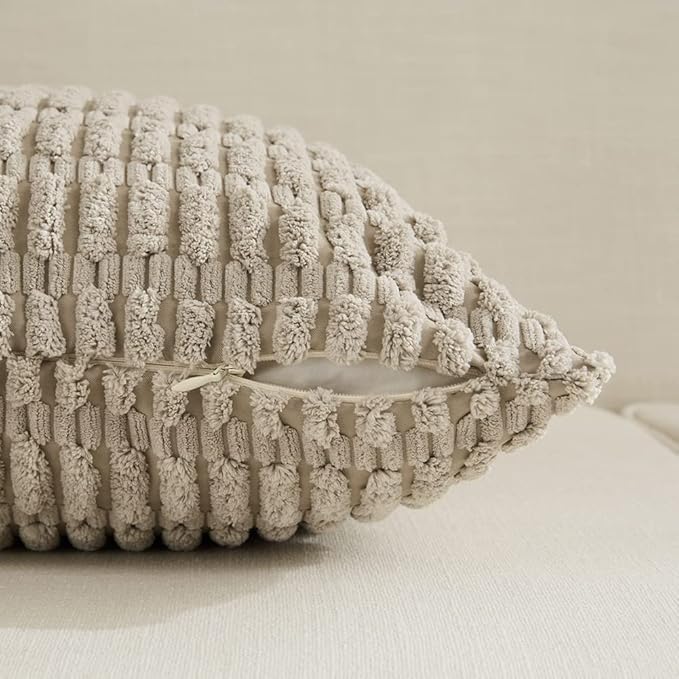 Fancy Homi Set of 4 Grey and White Decorative Throw Pillow Covers 14x14 Inch for Couch Bed Chair, Modern Farmhouse Boho Room Decor, Soft Fuzzy Double Sided Corduroy Textured Striped Cushion Case 35cm