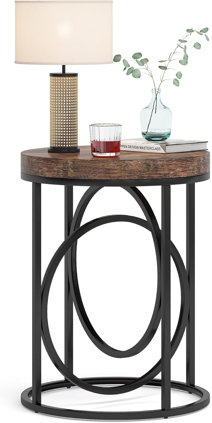 LITTLE TREE 20” Round End Table with Thick Wood Top，Modern Sofa Side Table with Gold O-Shaped Base, Midcentury Accent Table Cocktail Table Nightstand for Living Room Bedroom