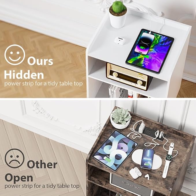 Record Player Stand, Turntable Stand with Record Storage and Charging Station & USB Ports, Record Player Table with Metal Divider, Record Stand Up to 160 Albums for Living Room, Bedroom, White