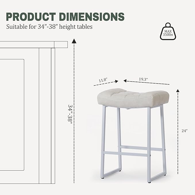 White & Beige Counter Height Bar Stools Set of 2 for Kitchen Counter Modern Backless Barstools with Upholstered Faux Leather Seat and Metal Frame Industrial 24 inch Bar Chairs