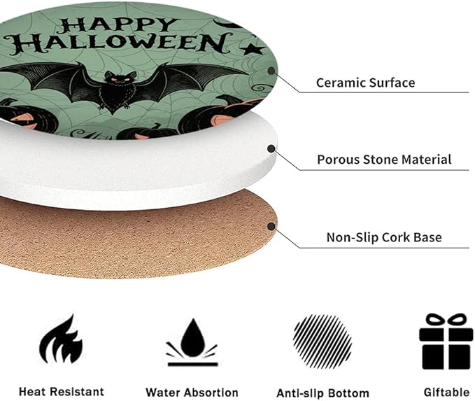 Halloween Drink Absorbent Coasters with Holder Set of 6, Ceramic Stone with Cork Base, Vintage Pumpkin Coaster for Drinks, Gift for Housewarming Room Bar Home Decor Kitchen