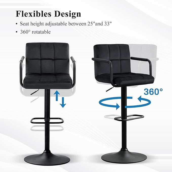 Furniliving Swivel Bar Stools Set of 4, Adjustable Kitchen Counter Height BarStools with Arms, Velvet Upholstered Bar Chair with Back and Footrest for Dining Room, Kitchen, Pub, Bar (Black)