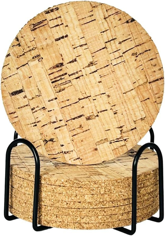 Cork Coasters Set of 8 with Holder – Absorbent Drink Coasters for Drinks, 4 Inch Round Cup Coasters for Home, Kitchen, Office, Table Protection