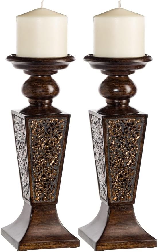 Creative Scents Schonwerk Brown Pillar Candle Holder Set of 2- Crackled Mosaic Design- Functional Table Decorations- Centerpieces for Dining/Living Room- Best Wedding Gift