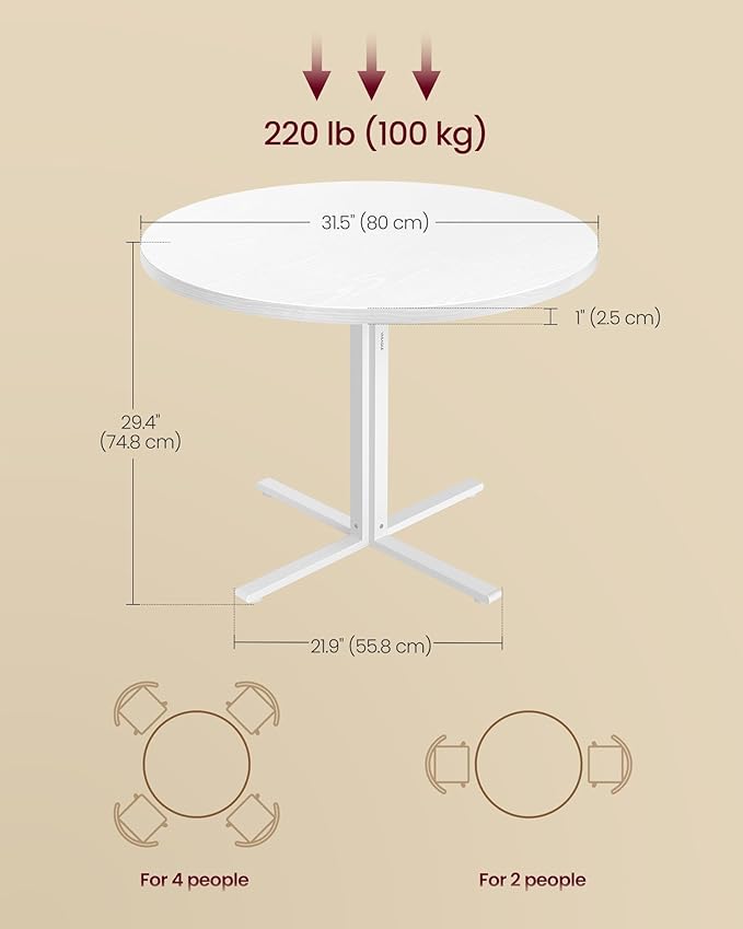 VASAGLE Dining Table, Small Round Kitchen Table for 4 People, 31.5 x 29.4 Inches, for Dining Room, Living Room, Farmhouse, Water-Resistant, Snow White UKDT082W01V1