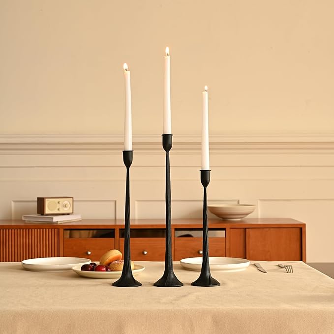 Set of 3 Candle Stick Holders, Iron Black Candlestick Holders, Fits 3/4 inch Fits 3/4 inch Thick Candles, Tapered Candle Holders Tall Set for Dining Table, Wedding, Home Decoration