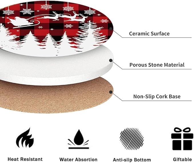 Christmas Absorbent Coasters with Holder Set of 6, Ceramic Stone with Cork Base, Red Buffalo Plaid Design Coaster for Drinks, Gift for Housewarming Room Bar Home Decor Kitchen