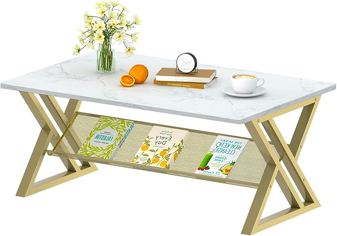 Coffee Table Living Room Table with Storage Shelf, White Table Simple Modern Faux Marble Rectangular Tables with Sturdy Gold Metal Frame,Industrial Wooden Coffee Table for Bedroom Home Office