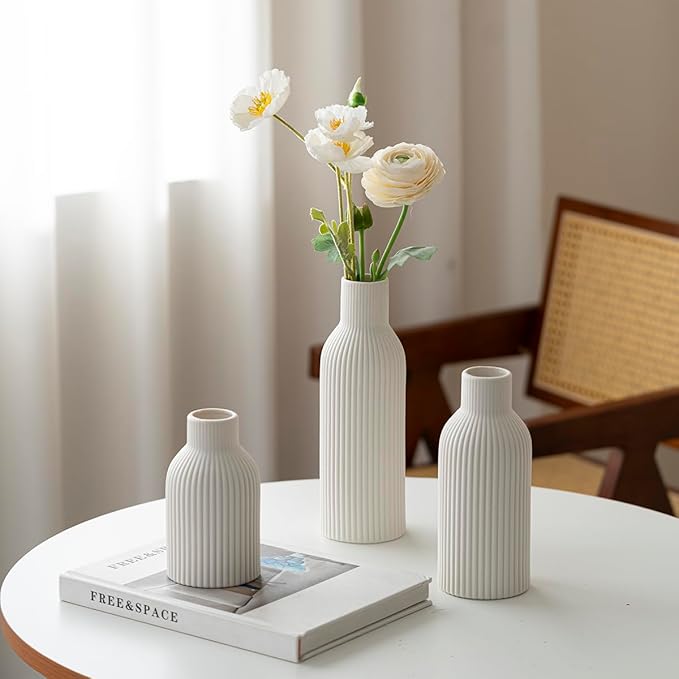 Modern Ceramic Vases Set of 3, White Ribbed Decorative Vases, Shelf Table Centerpiece for Home Decor (White)