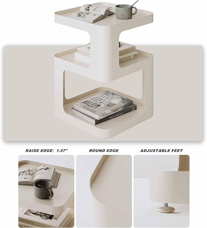 XIV Side Table, Small End Table, Modern Nightstand, Accent Bedside Table, 3 Tier Night Stands, Metal Bed Side Table for Living Room Bedroom Outdoor Entryway, No Assembly Required (Off White, Square)